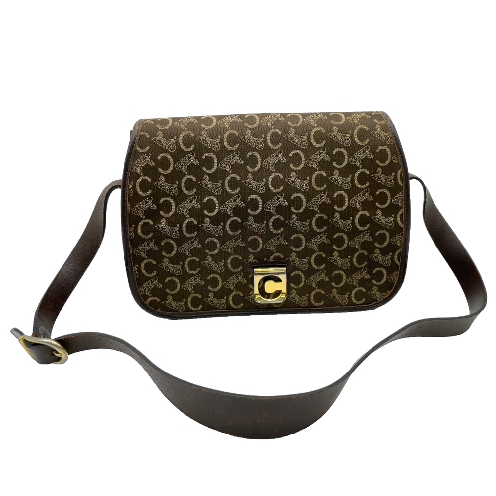 Auth Celine C Carriage Canvas Brown Flap Shoulder Bag.